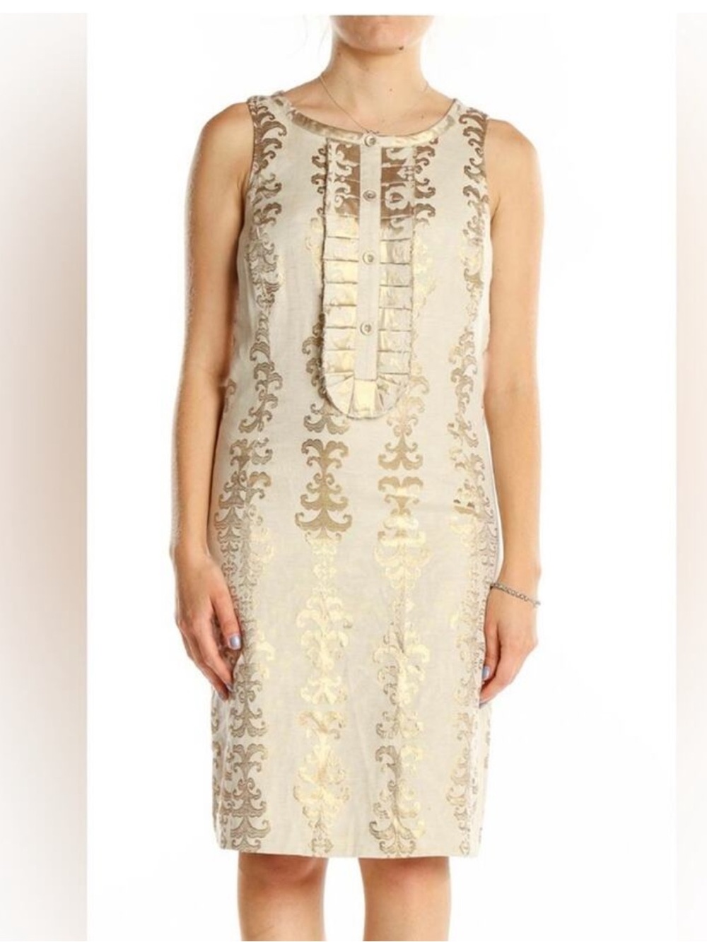 Tory Burch Metallic Gold Baroque Beige Linen Shift Dress Size 10